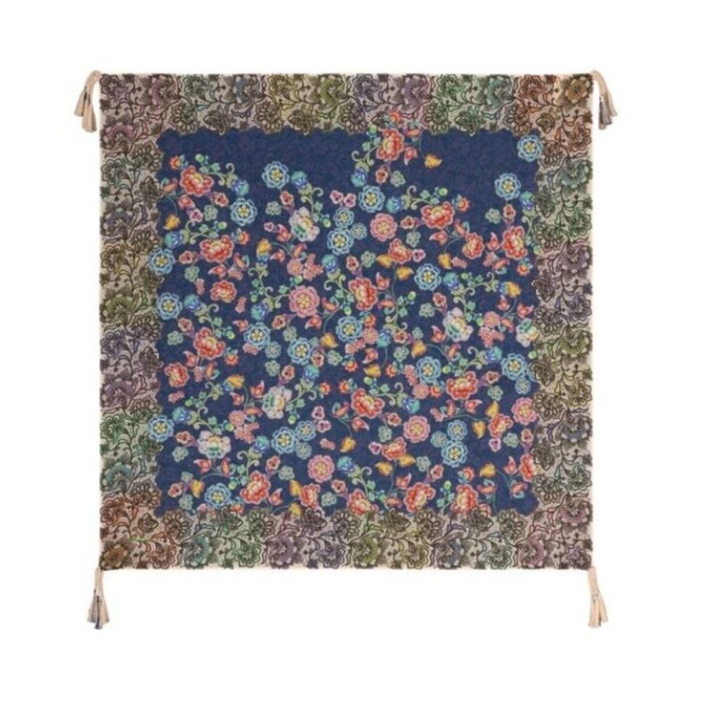 Johnny Was Peppermint Silk Scarf Flowers Square Large Floral Blue Tassel NEW